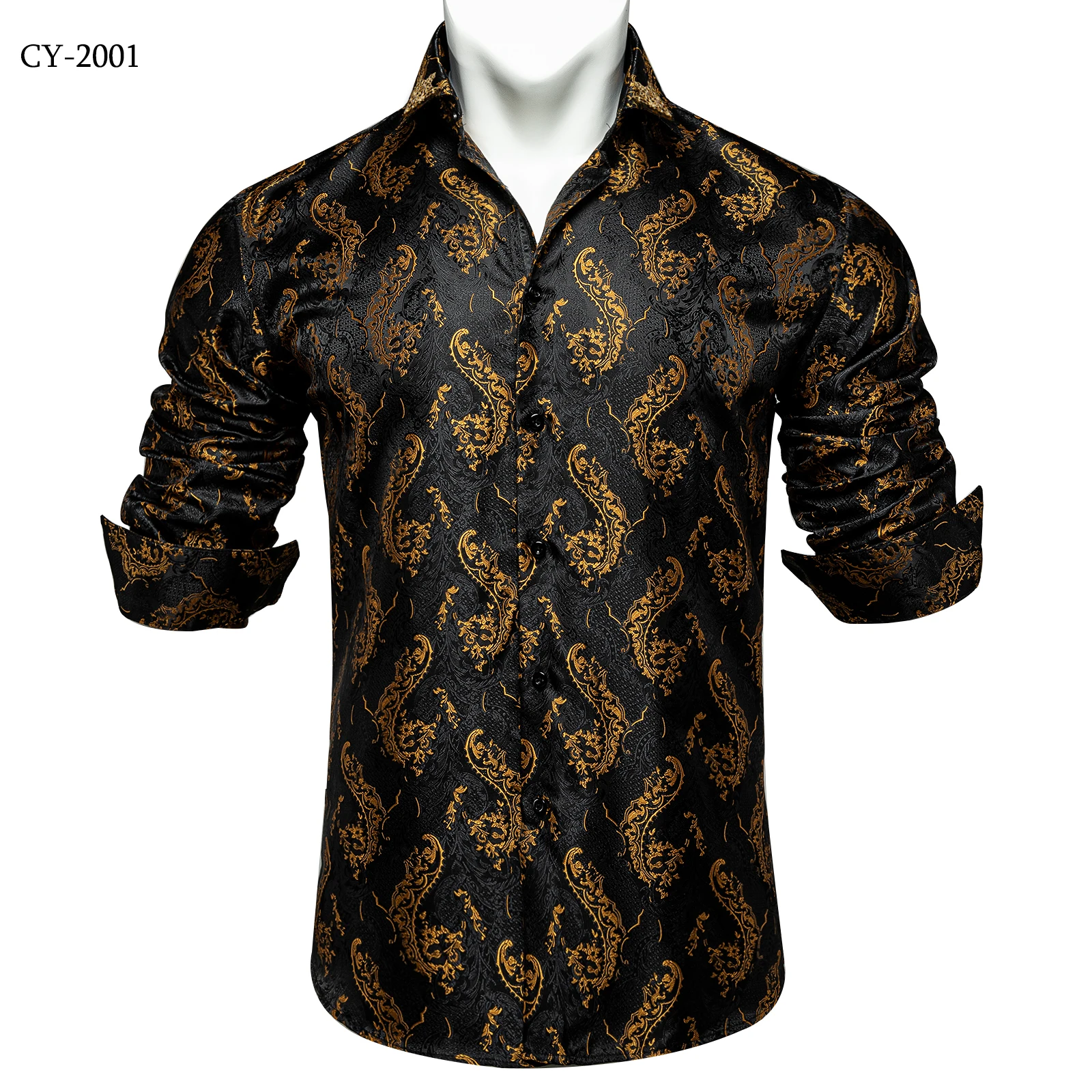 Men's Business Dress Shirts Black Gold Long Sleeve Formal Button-Down Collar Social Slim Fit Shirt Spring Man Casual Blouse