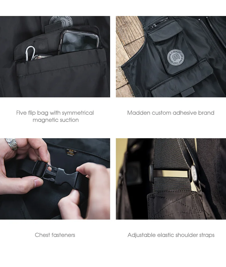 Maden Men Multi-pocket Tactical Vest Jacket & Bag Japan Retro Multi-function Photography Waistcoat Wide Shoulder Strap Solid Bag