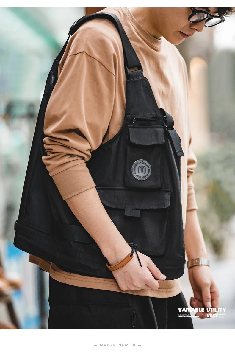 Maden Men Multi-pocket Tactical Vest Jacket & Bag Japan Retro Multi-function Photography Waistcoat Wide Shoulder Strap Solid Bag