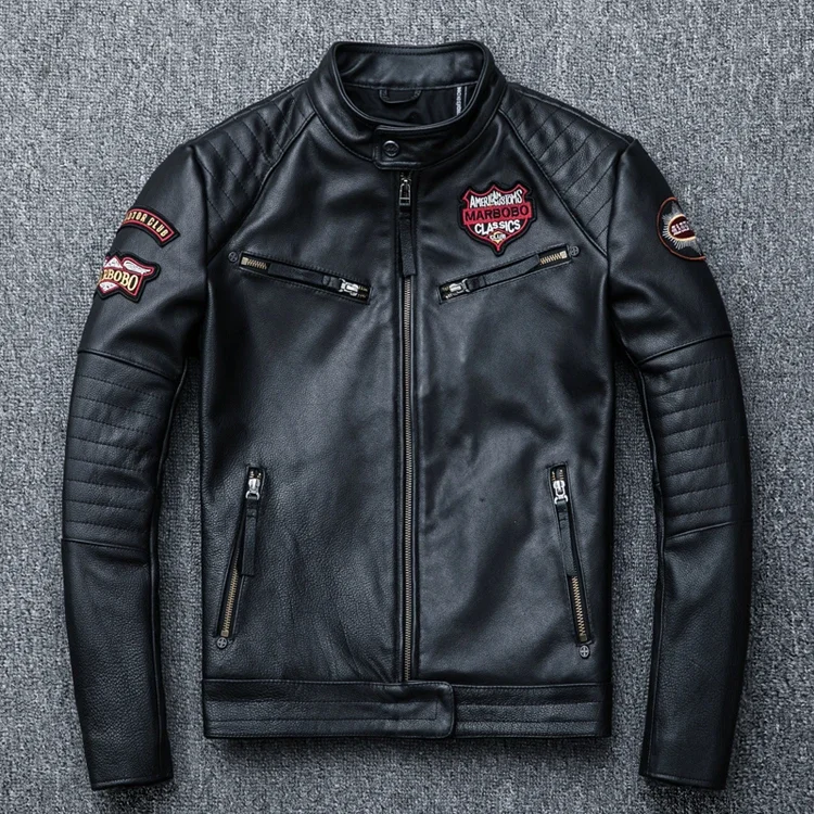 2025 New Black Embroidery Skull Motorcycle Leather Jackets Natural Cowhide Moto Jacket Biker Leather Coat Slim Clothing
