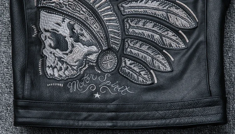 2025 New Black Embroidery Skull Motorcycle Leather Jackets Natural Cowhide Moto Jacket Biker Leather Coat Slim Clothing