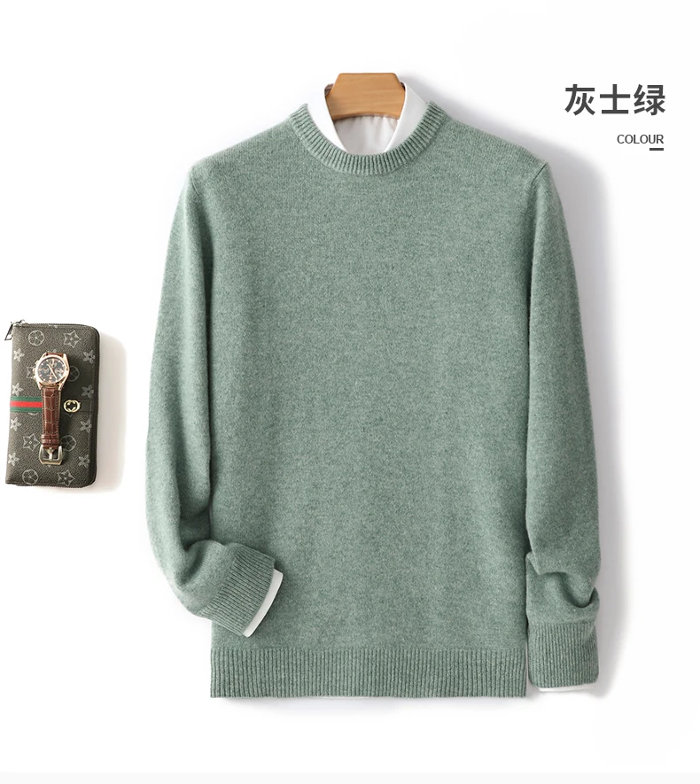 Men's 100% Pure Wool Cashmere Sweater O-Neck Pullover Knit Sweater Autumn and Winter New Long Sleeve High-End Jumpers Thick Tops