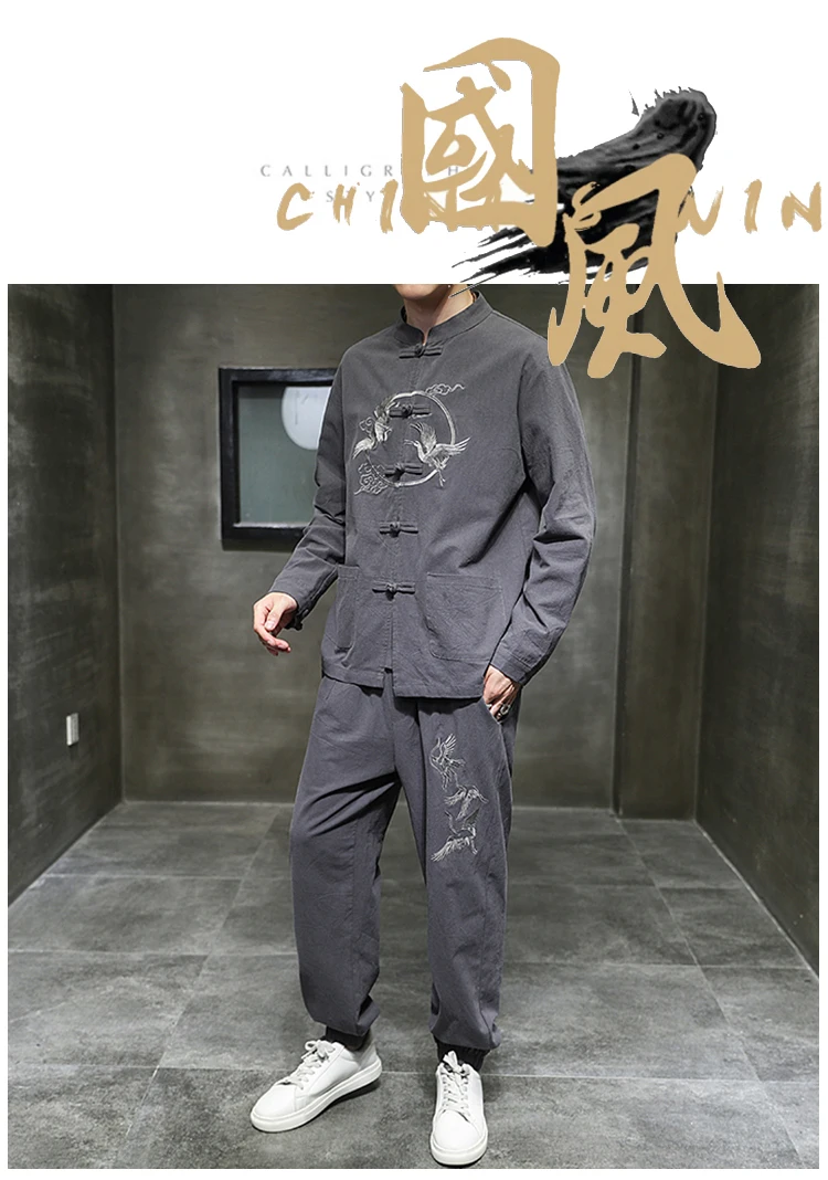 Two piece set （Shirt +Pants） Men Embroidery Linen Cotton Suit Chinese Style Shirt Men's Casual Loose Pants Retro Kungfu Trousers