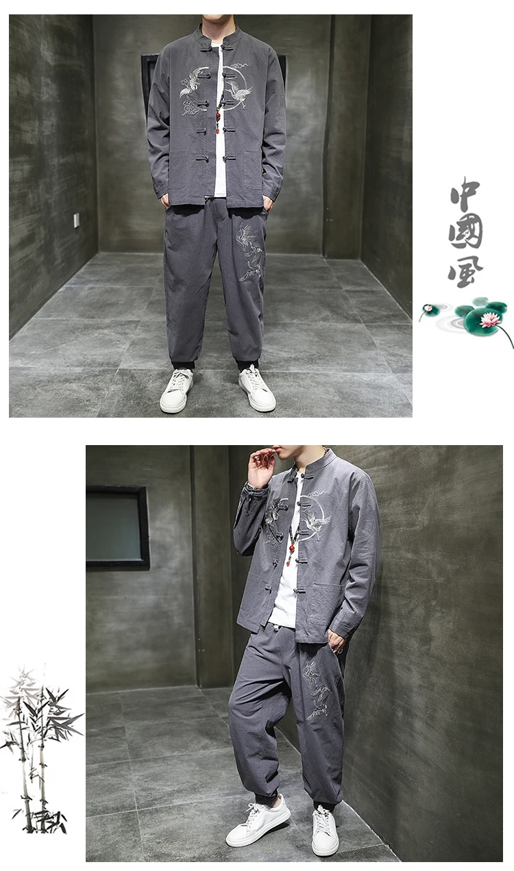Two piece set （Shirt +Pants） Men Embroidery Linen Cotton Suit Chinese Style Shirt Men's Casual Loose Pants Retro Kungfu Trousers