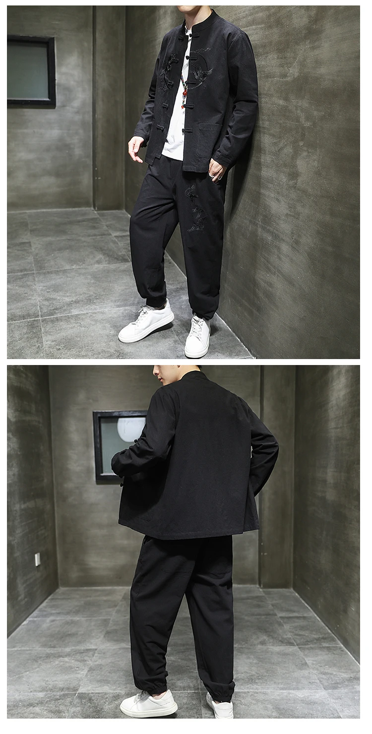 Two piece set （Shirt +Pants） Men Embroidery Linen Cotton Suit Chinese Style Shirt Men's Casual Loose Pants Retro Kungfu Trousers