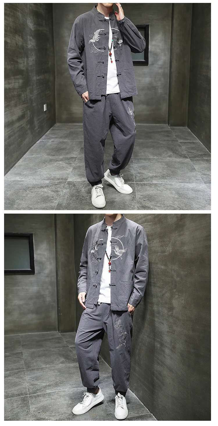 Two piece set （Shirt +Pants） Men Embroidery Linen Cotton Suit Chinese Style Shirt Men's Casual Loose Pants Retro Kungfu Trousers
