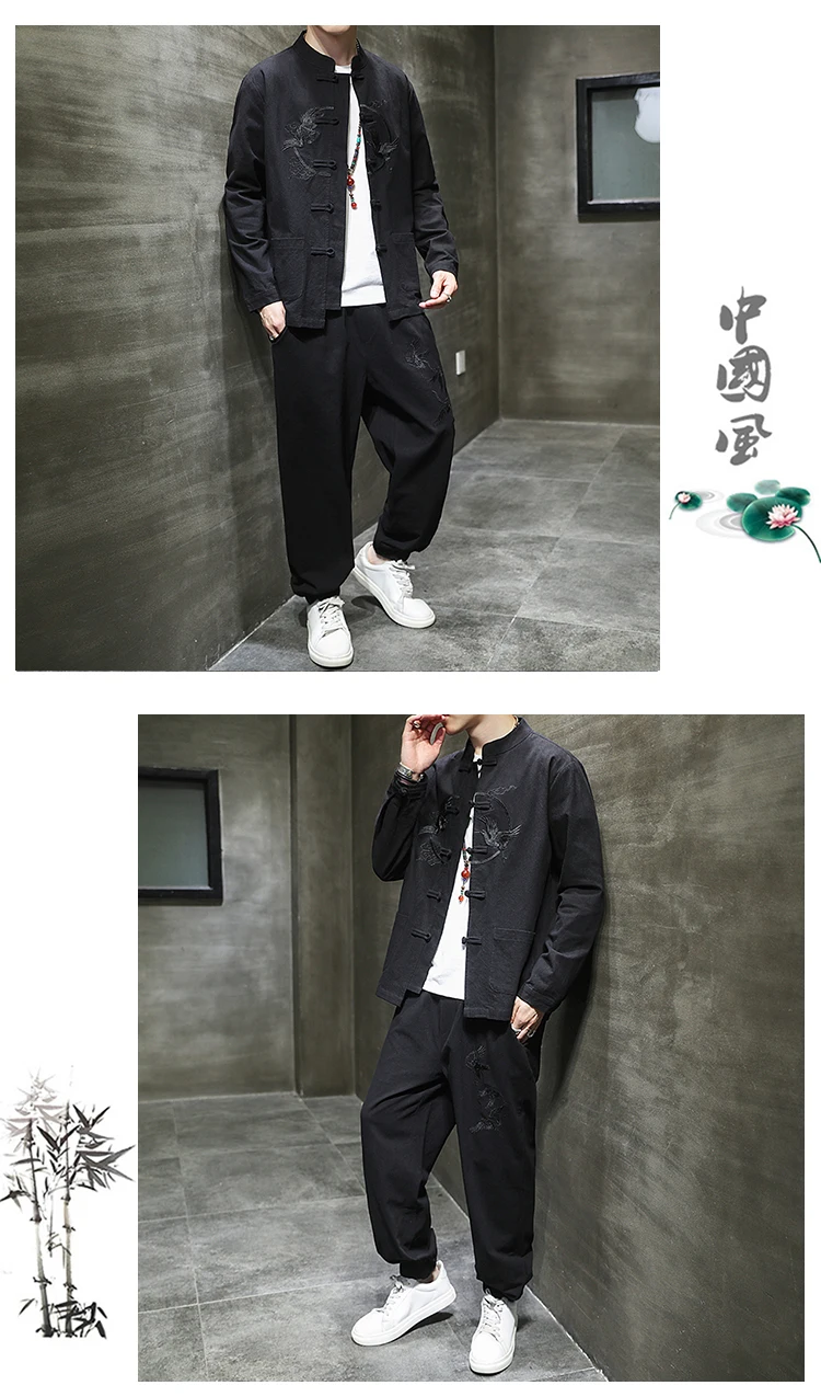 Two piece set （Shirt +Pants） Men Embroidery Linen Cotton Suit Chinese Style Shirt Men's Casual Loose Pants Retro Kungfu Trousers