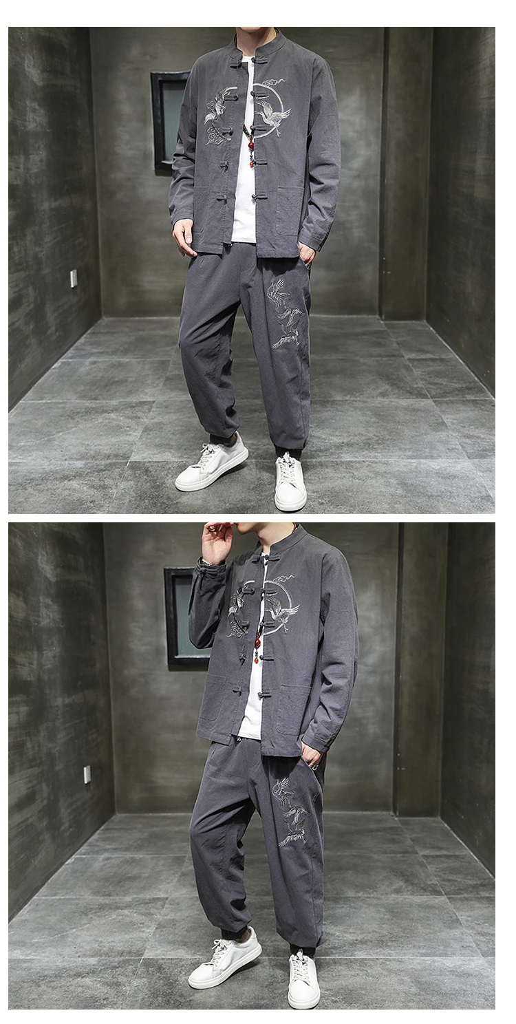 Two piece set （Shirt +Pants） Men Embroidery Linen Cotton Suit Chinese Style Shirt Men's Casual Loose Pants Retro Kungfu Trousers