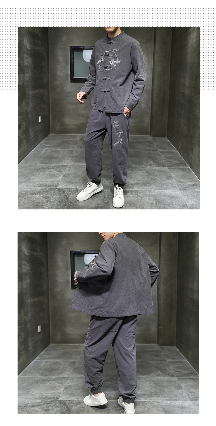 Two piece set （Shirt +Pants） Men Embroidery Linen Cotton Suit Chinese Style Shirt Men's Casual Loose Pants Retro Kungfu Trousers