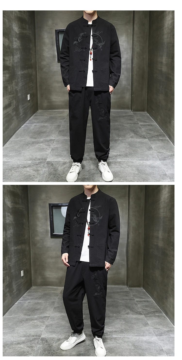 Two piece set （Shirt +Pants） Men Embroidery Linen Cotton Suit Chinese Style Shirt Men's Casual Loose Pants Retro Kungfu Trousers