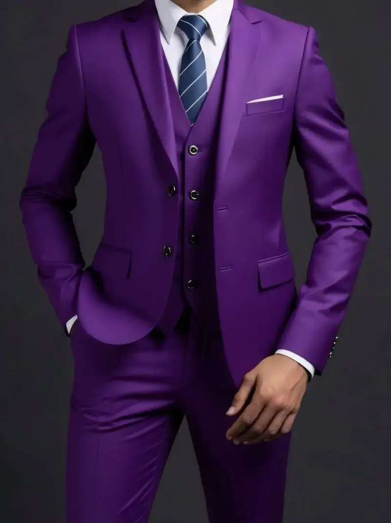 Suit (Blazer+ Vest + Trousers) Men's Fashionable Gentleman Business British Style Solid-color Banquet Host Casual Wedding Suit