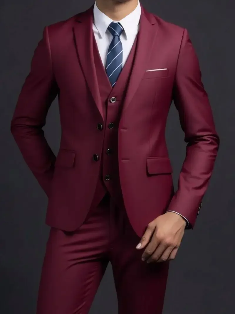 Suit (Blazer+ Vest + Trousers) Men's Fashionable Gentleman Business British Style Solid-color Banquet Host Casual Wedding Suit
