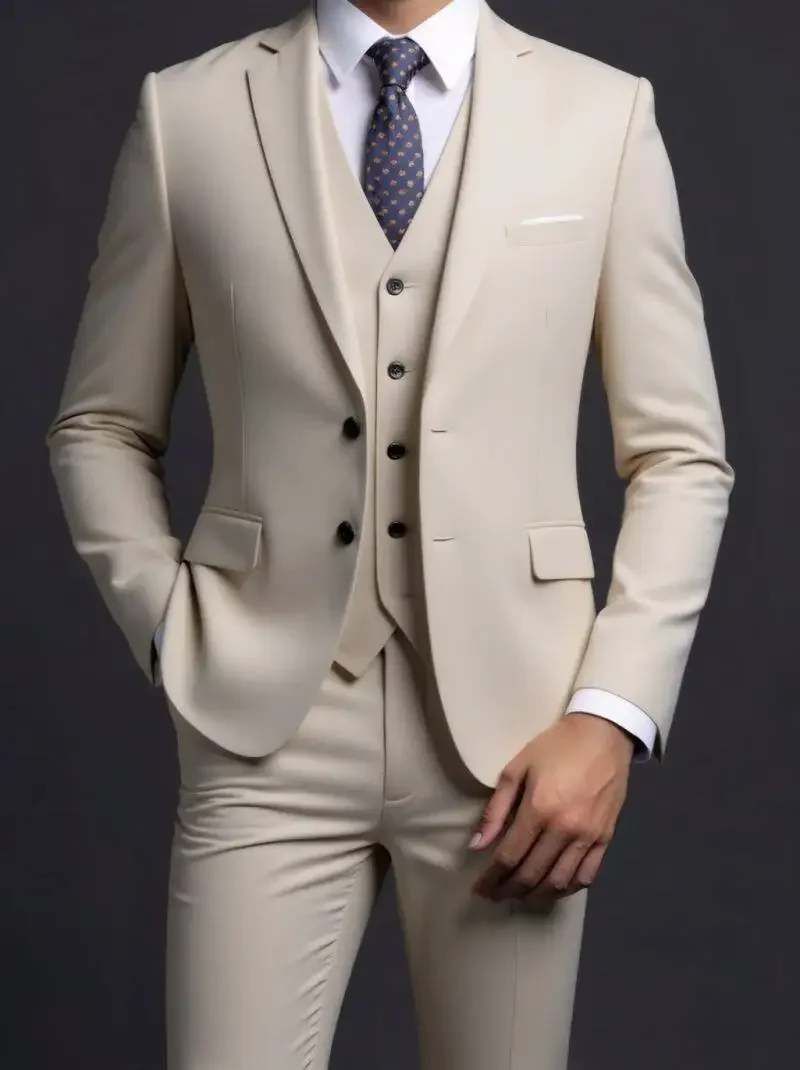 Suit (Blazer+ Vest + Trousers) Men's Fashionable Gentleman Business British Style Solid-color Banquet Host Casual Wedding Suit