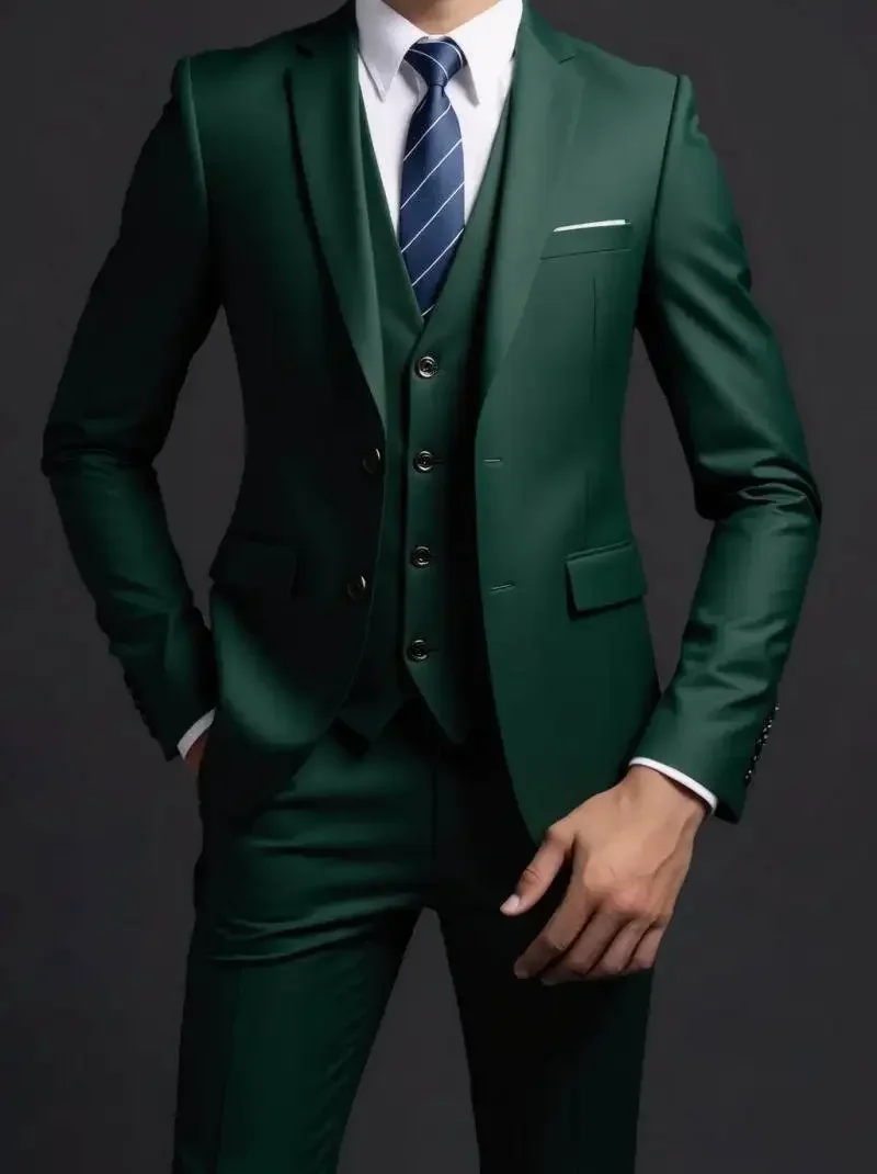 Suit (Blazer+ Vest + Trousers) Men's Fashionable Gentleman Business British Style Solid-color Banquet Host Casual Wedding Suit