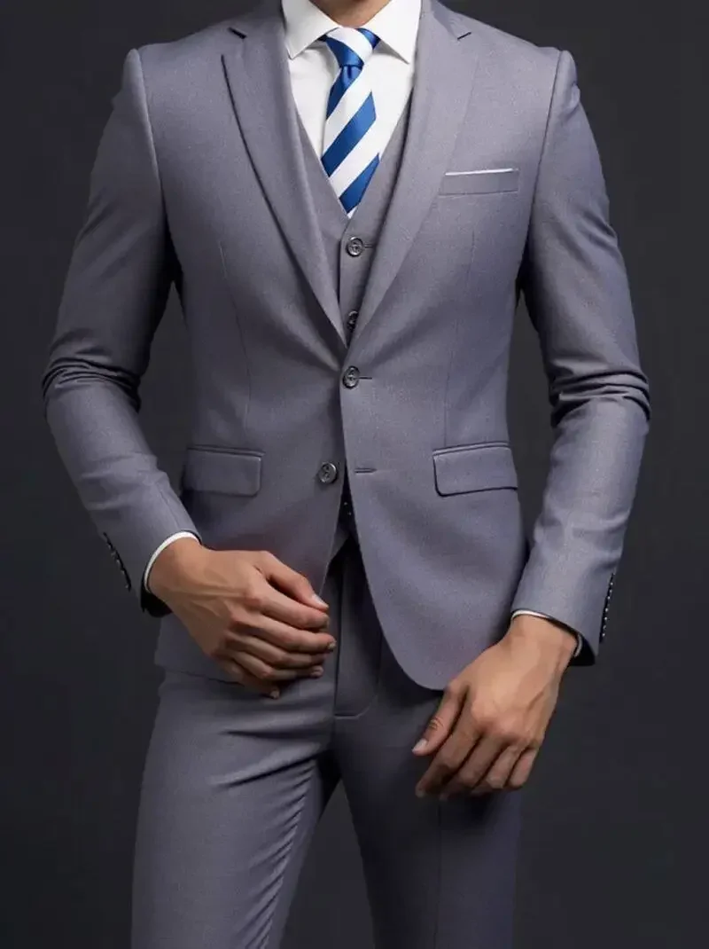 Suit (Blazer+ Vest + Trousers) Men's Fashionable Gentleman Business British Style Solid-color Banquet Host Casual Wedding Suit