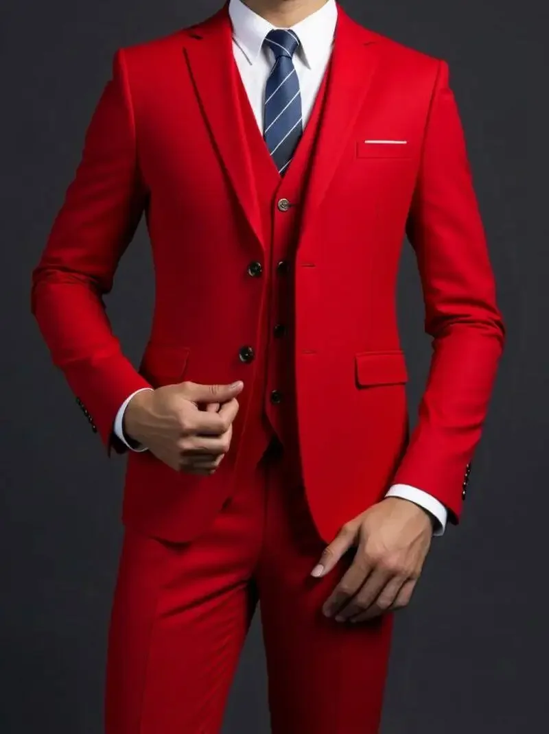 Suit (Blazer+ Vest + Trousers) Men's Fashionable Gentleman Business British Style Solid-color Banquet Host Casual Wedding Suit
