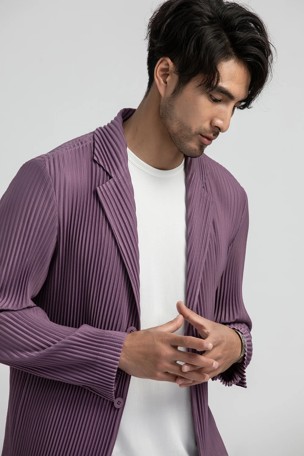 Miyake Pleated Blazer Black Suits For Men High Quality Casual Japanese Style Blazers Stretch Fabric Slim Fit Coat