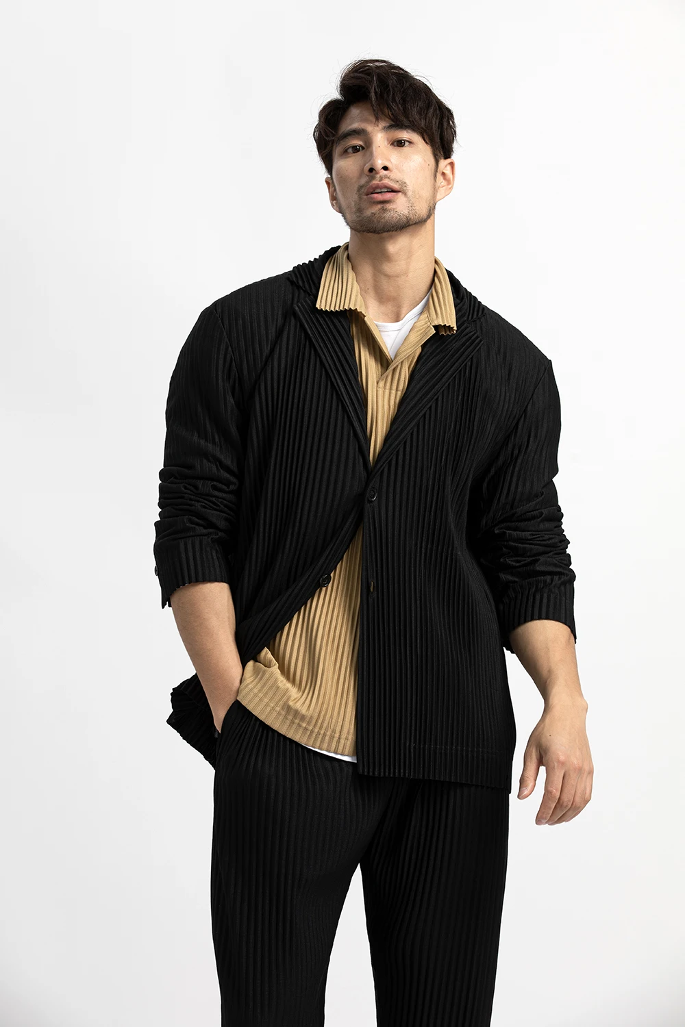 Miyake Pleated Blazer Black Suits For Men High Quality Casual Japanese Style Blazers Stretch Fabric Slim Fit Coat