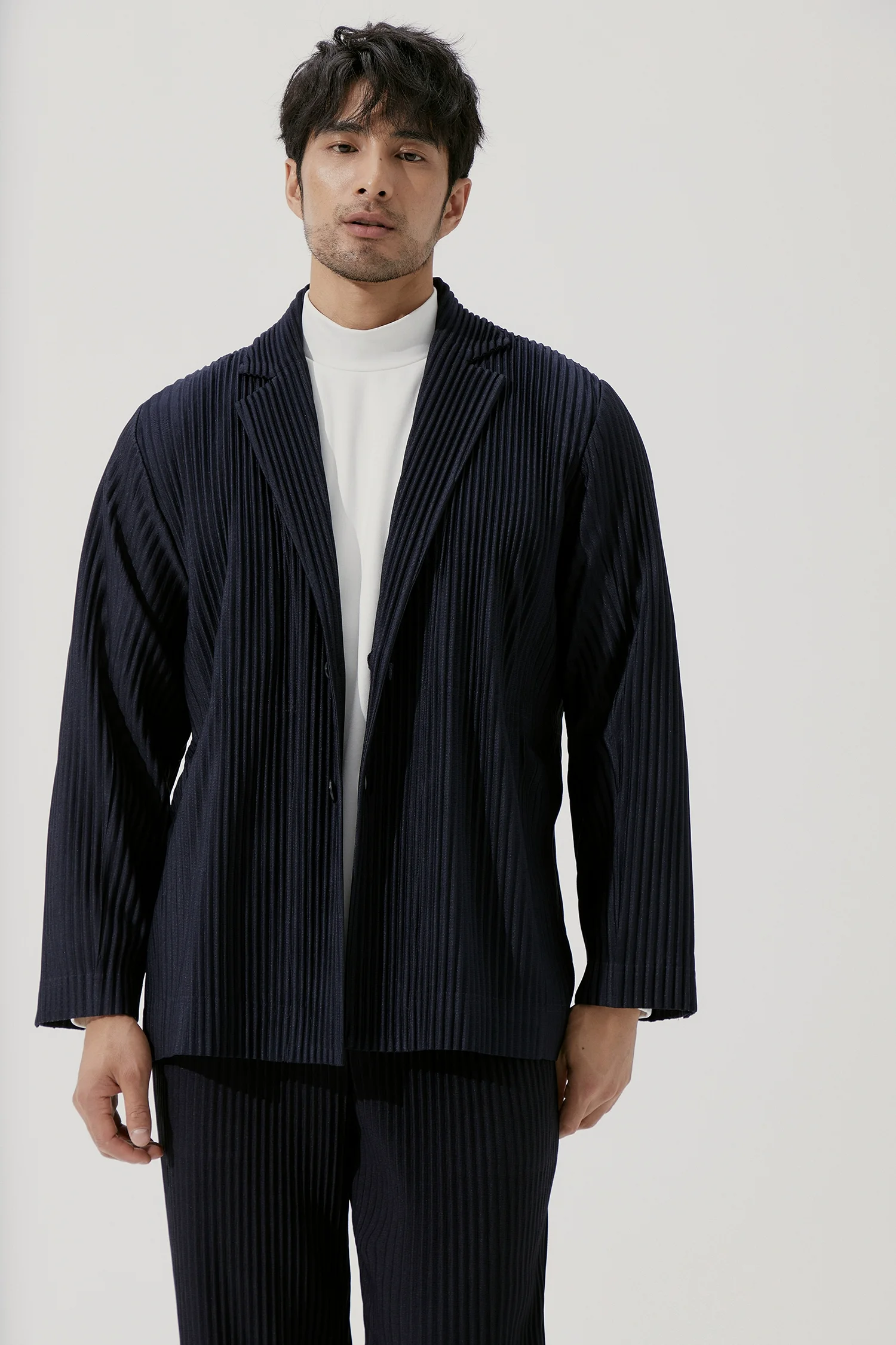 Miyake Pleated Blazer Black Suits For Men High Quality Casual Japanese Style Blazers Stretch Fabric Slim Fit Coat