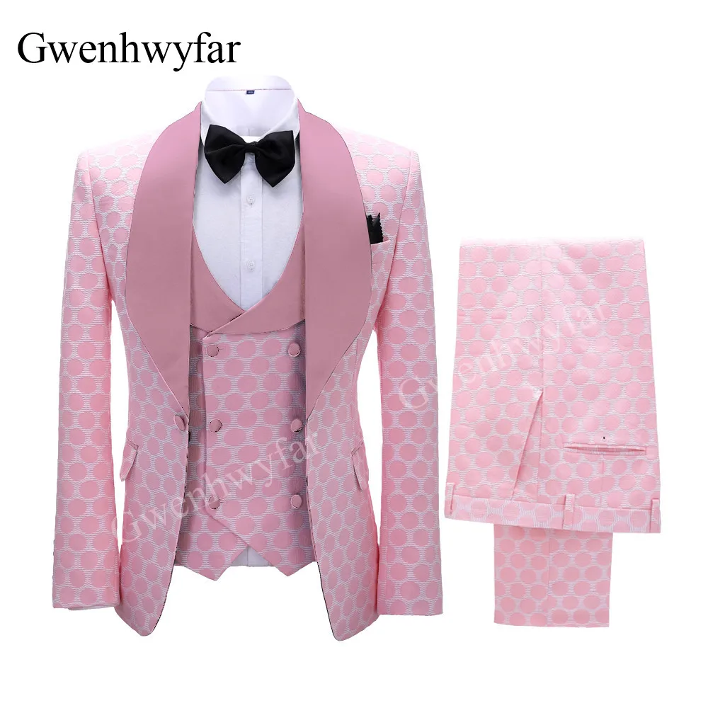 Gwenhwyfar New Polka Dot Suit for Men Custom Made Shawl Lapel Blazer Vest with Pants 2027 Fashion Wedding Tuxedos Groomsmen Wear