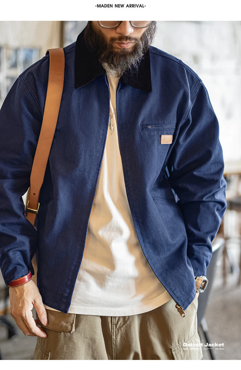 Maden Men's Retro J001 Detroit Jacket Lapel Collar Hunting Coat Heavyweight Canvas Work Jackets with Zipper for Spring Fall