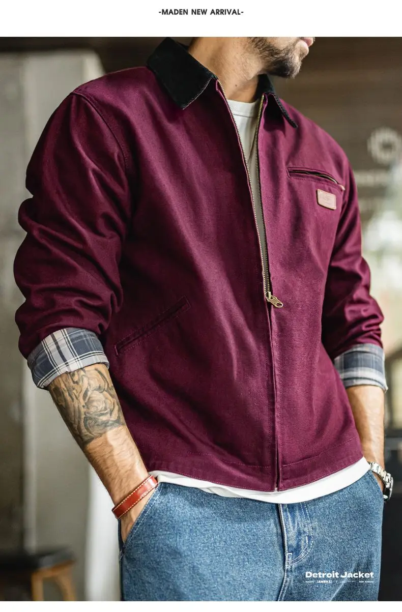 Maden Men's Retro J001 Detroit Jacket Lapel Collar Hunting Coat Heavyweight Canvas Work Jackets with Zipper for Spring Fall