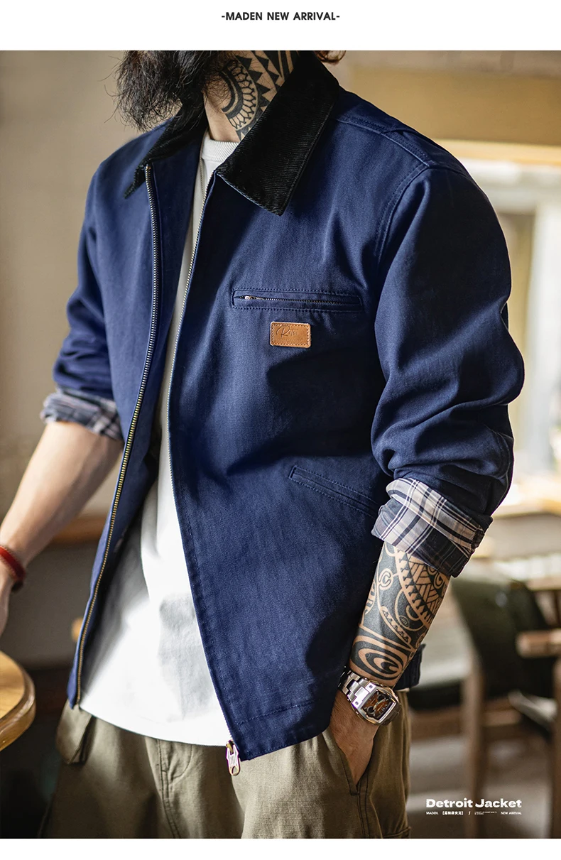 Maden Men's Retro J001 Detroit Jacket Lapel Collar Hunting Coat Heavyweight Canvas Work Jackets with Zipper for Spring Fall