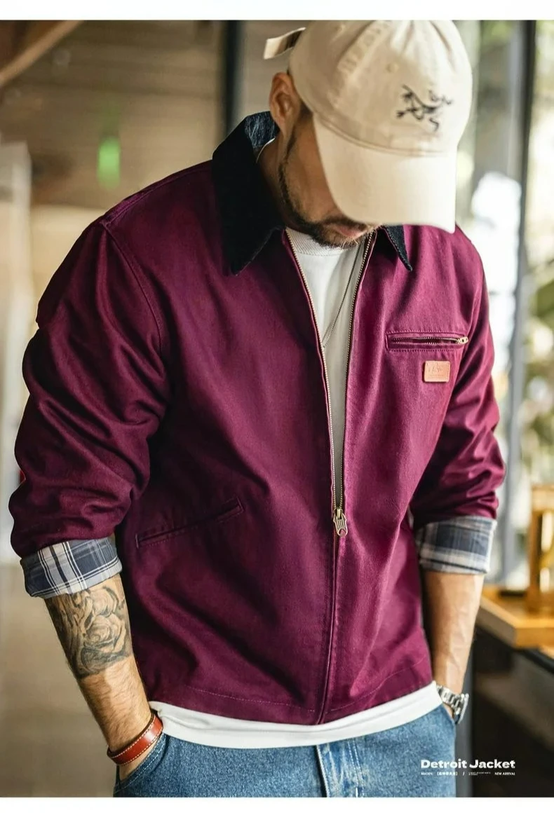 Maden Men's Retro J001 Detroit Jacket Lapel Collar Hunting Coat Heavyweight Canvas Work Jackets with Zipper for Spring Fall