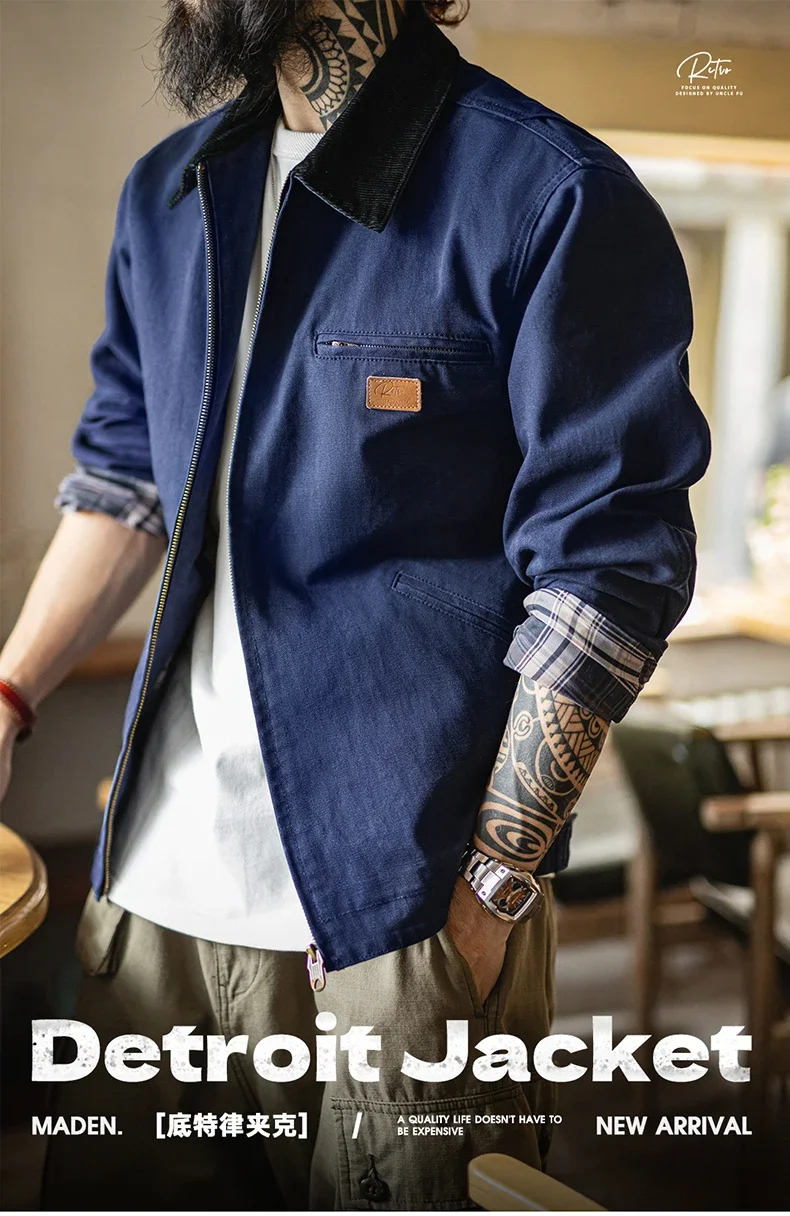 Maden Men's Retro J001 Detroit Jacket Lapel Collar Hunting Coat Heavyweight Canvas Work Jackets with Zipper for Spring Fall