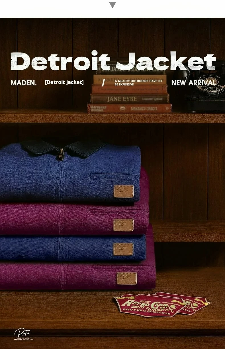 Maden Men's Retro J001 Detroit Jacket Lapel Collar Hunting Coat Heavyweight Canvas Work Jackets with Zipper for Spring Fall