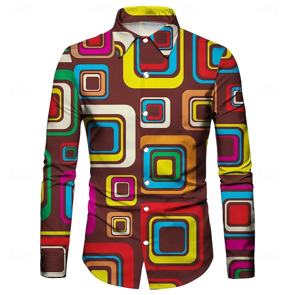 Men's 3D irregular geometric shape print long-sleeved shirt personalized polyester fabric casual shirt men's fashion lapel shirt