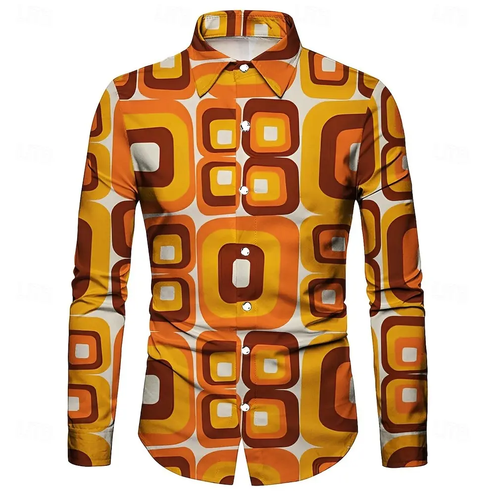 Men's 3D irregular geometric shape print long-sleeved shirt personalized polyester fabric casual shirt men's fashion lapel shirt