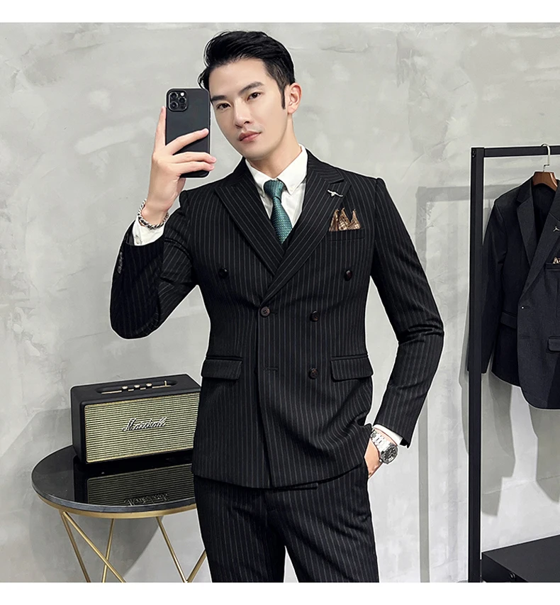 ( Blazer+Vest+Pants ) Groom Wedding Male Suit Luxury Brand Fashion Striped Men's Casual Business Office Double Breasted Suit