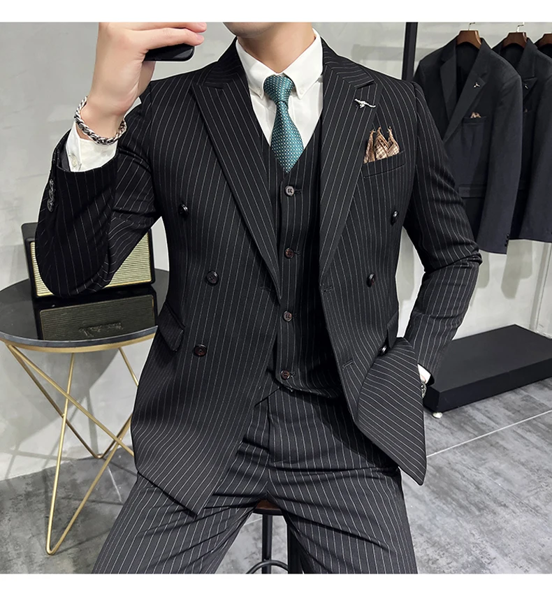 ( Blazer+Vest+Pants ) Groom Wedding Male Suit Luxury Brand Fashion Striped Men's Casual Business Office Double Breasted Suit