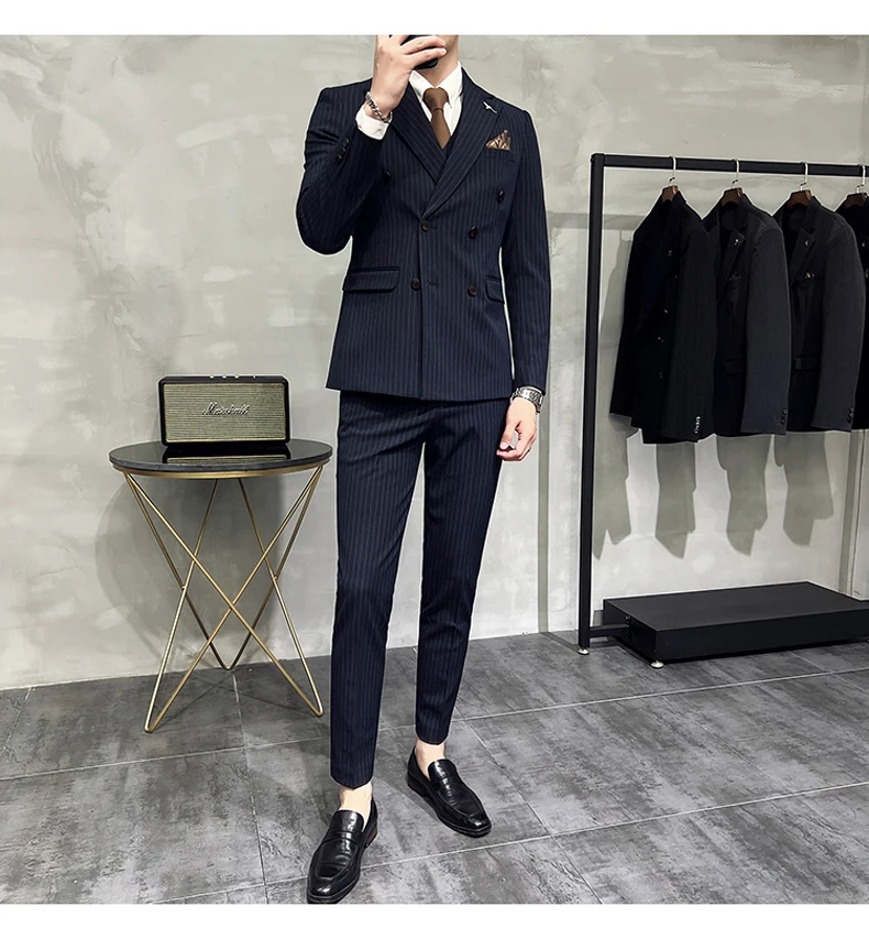 ( Blazer+Vest+Pants ) Groom Wedding Male Suit Luxury Brand Fashion Striped Men's Casual Business Office Double Breasted Suit