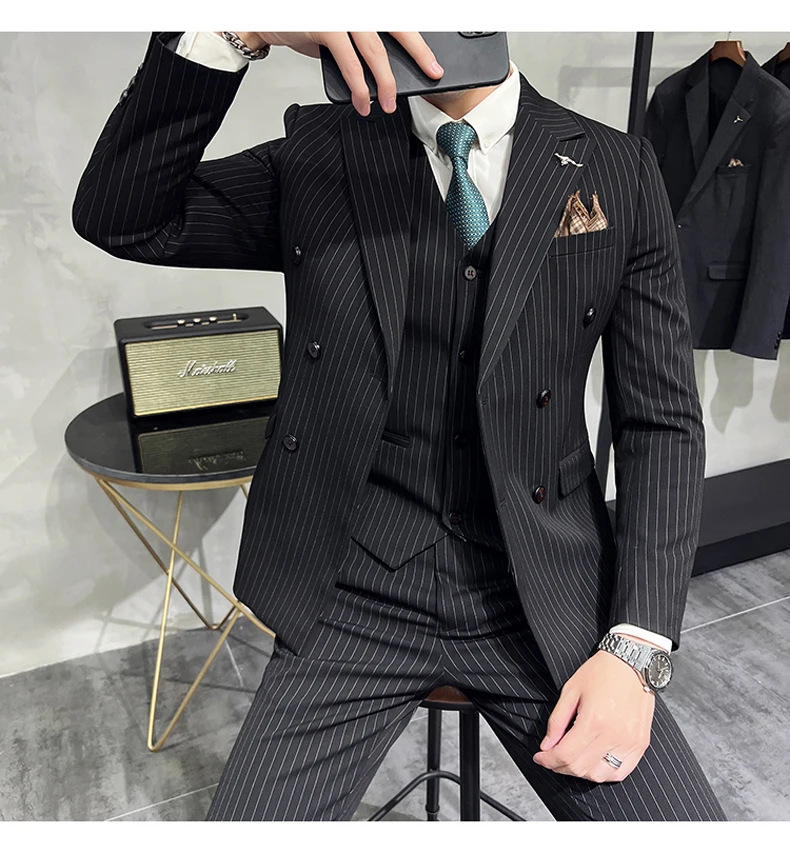 ( Blazer+Vest+Pants ) Groom Wedding Male Suit Luxury Brand Fashion Striped Men's Casual Business Office Double Breasted Suit