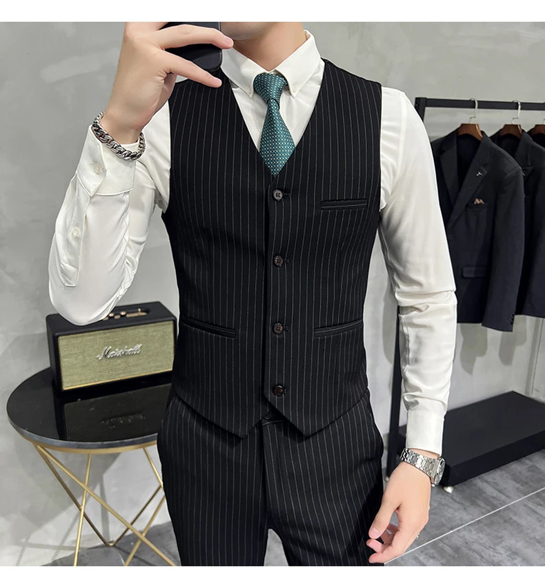 ( Blazer+Vest+Pants ) Groom Wedding Male Suit Luxury Brand Fashion Striped Men's Casual Business Office Double Breasted Suit