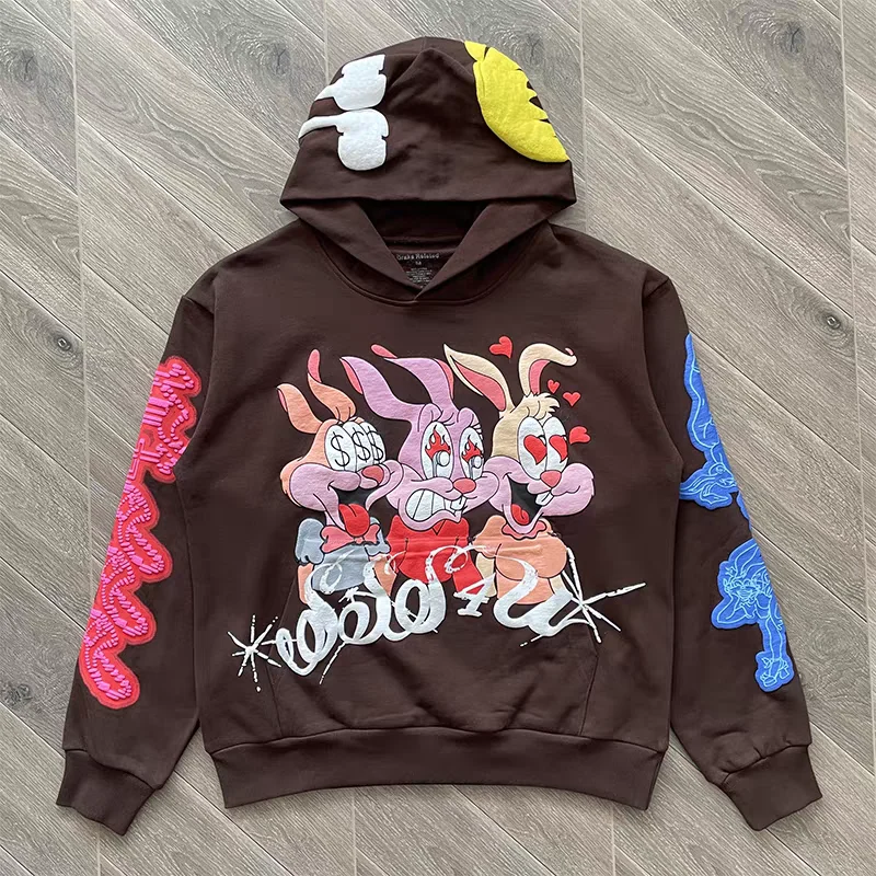 Frosted Print on Colorful Cartoon Rabbit Pullover Men Women High Quality Hoodie