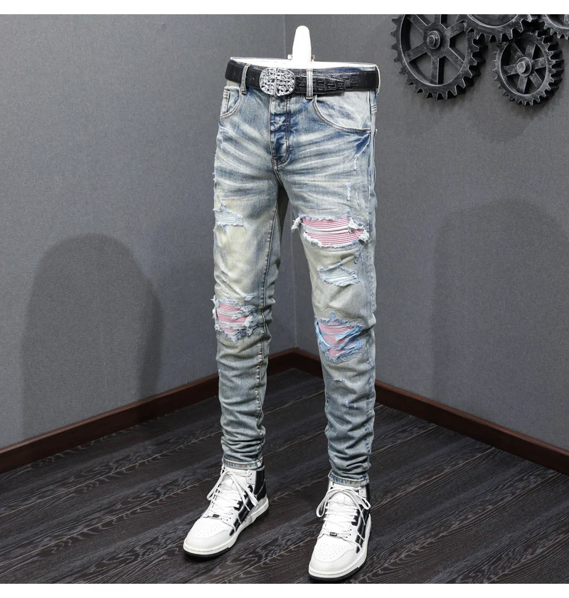 Y2K fashion new jeans with full elasticity, slim fit and hole stitching, leather with red patches, washed retro jeans, hip-hop b