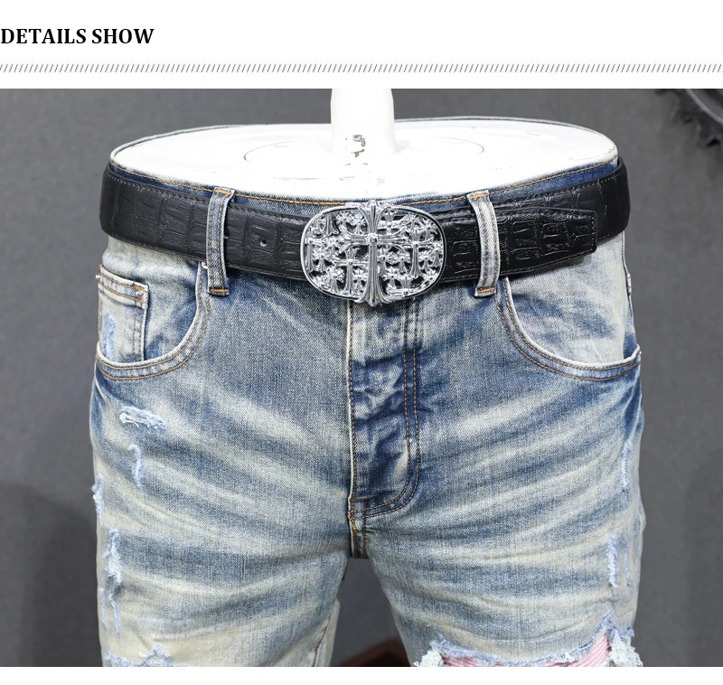 Y2K fashion new jeans with full elasticity, slim fit and hole stitching, leather with red patches, washed retro jeans, hip-hop b