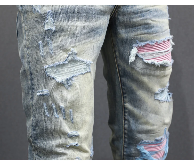 Y2K fashion new jeans with full elasticity, slim fit and hole stitching, leather with red patches, washed retro jeans, hip-hop b