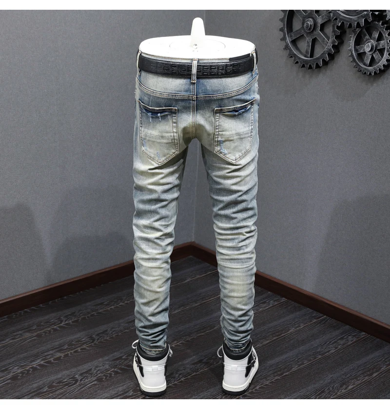 Y2K fashion new jeans with full elasticity, slim fit and hole stitching, leather with red patches, washed retro jeans, hip-hop b
