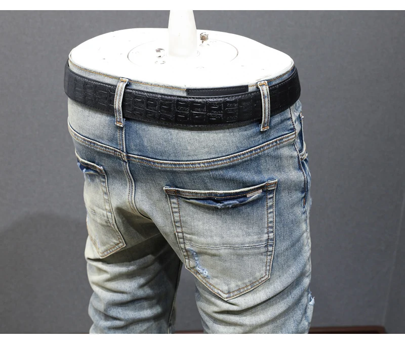 Y2K fashion new jeans with full elasticity, slim fit and hole stitching, leather with red patches, washed retro jeans, hip-hop b
