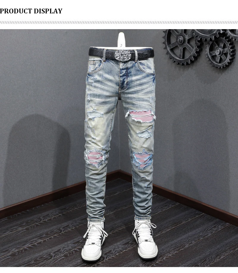 Y2K fashion new jeans with full elasticity, slim fit and hole stitching, leather with red patches, washed retro jeans, hip-hop b