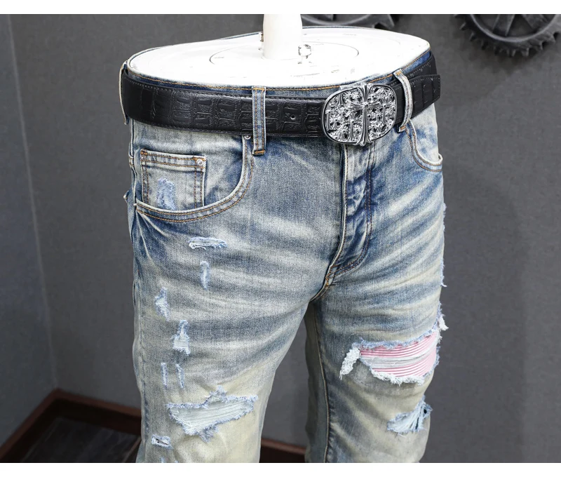 Y2K fashion new jeans with full elasticity, slim fit and hole stitching, leather with red patches, washed retro jeans, hip-hop b