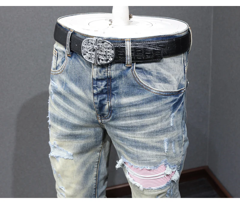 Y2K fashion new jeans with full elasticity, slim fit and hole stitching, leather with red patches, washed retro jeans, hip-hop b