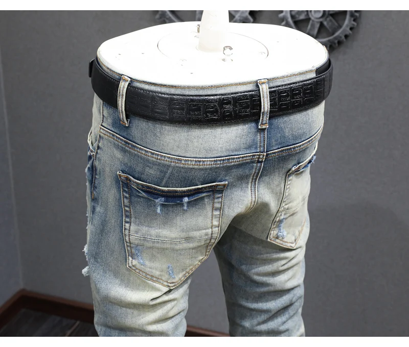Y2K fashion new jeans with full elasticity, slim fit and hole stitching, leather with red patches, washed retro jeans, hip-hop b