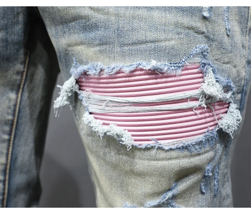 Y2K fashion new jeans with full elasticity, slim fit and hole stitching, leather with red patches, washed retro jeans, hip-hop b