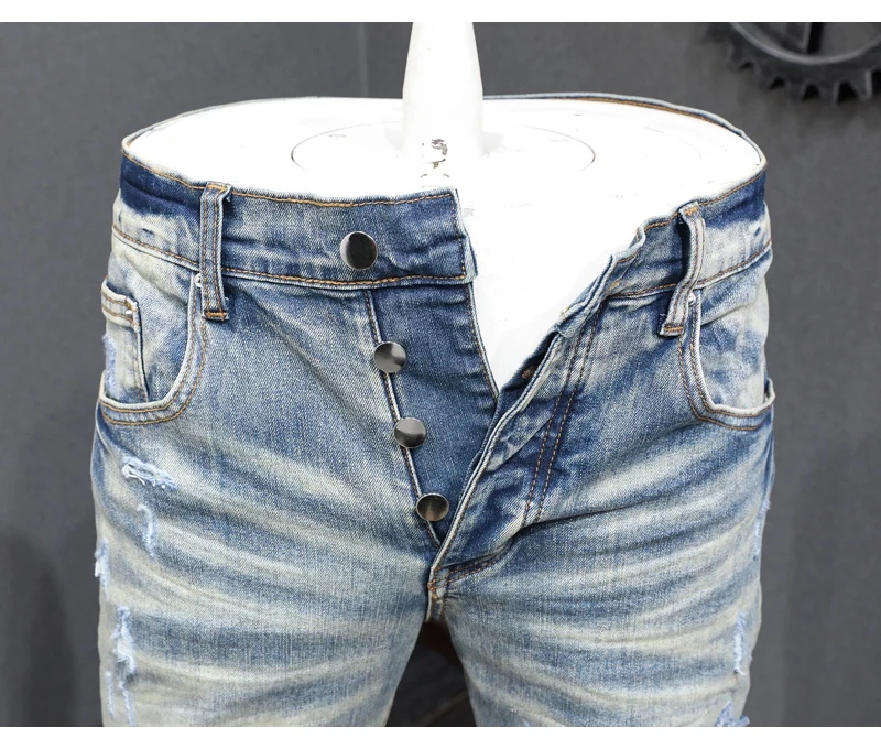 Y2K fashion new jeans with full elasticity, slim fit and hole stitching, leather with red patches, washed retro jeans, hip-hop b