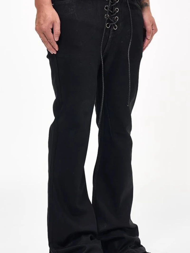 Vintage Batik Coating Black Slim Fit Flare Jeans Elasticity Stretch Ribbon Y2k Streetwear Casual Skinny Bell Bottom Jeans